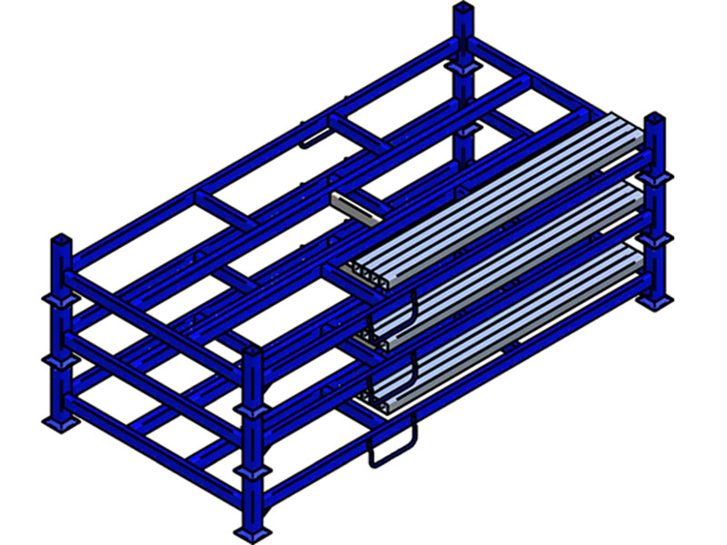 Rungenpaletten gestapelt, Lagerung der Einsteckrungen im Magazin